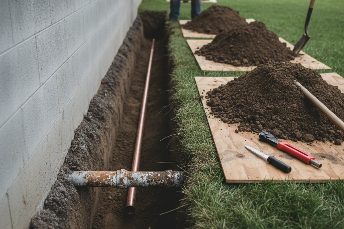 Excavated water line trench during Water Heater Repair in Smartsville